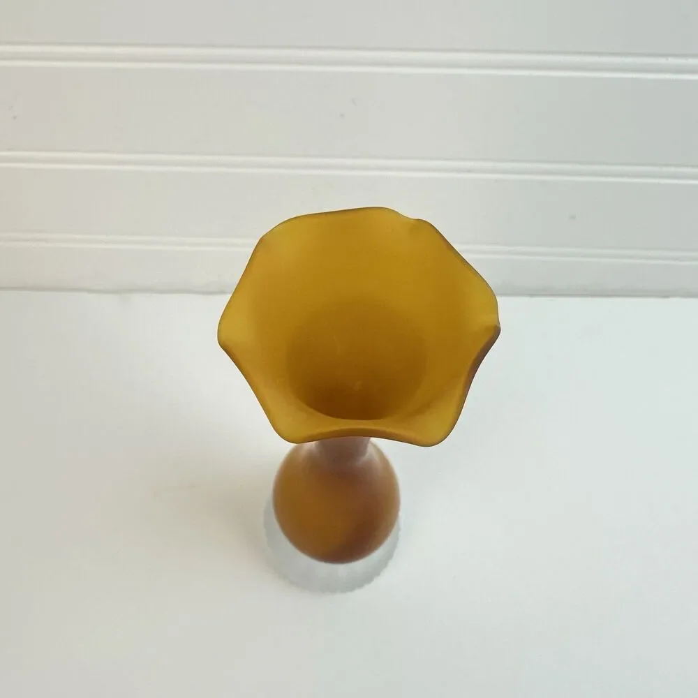 LEFTON Amber Brown Satin Glass Hand Blown Glass Fluted Footed Flower Bud Vase 8”